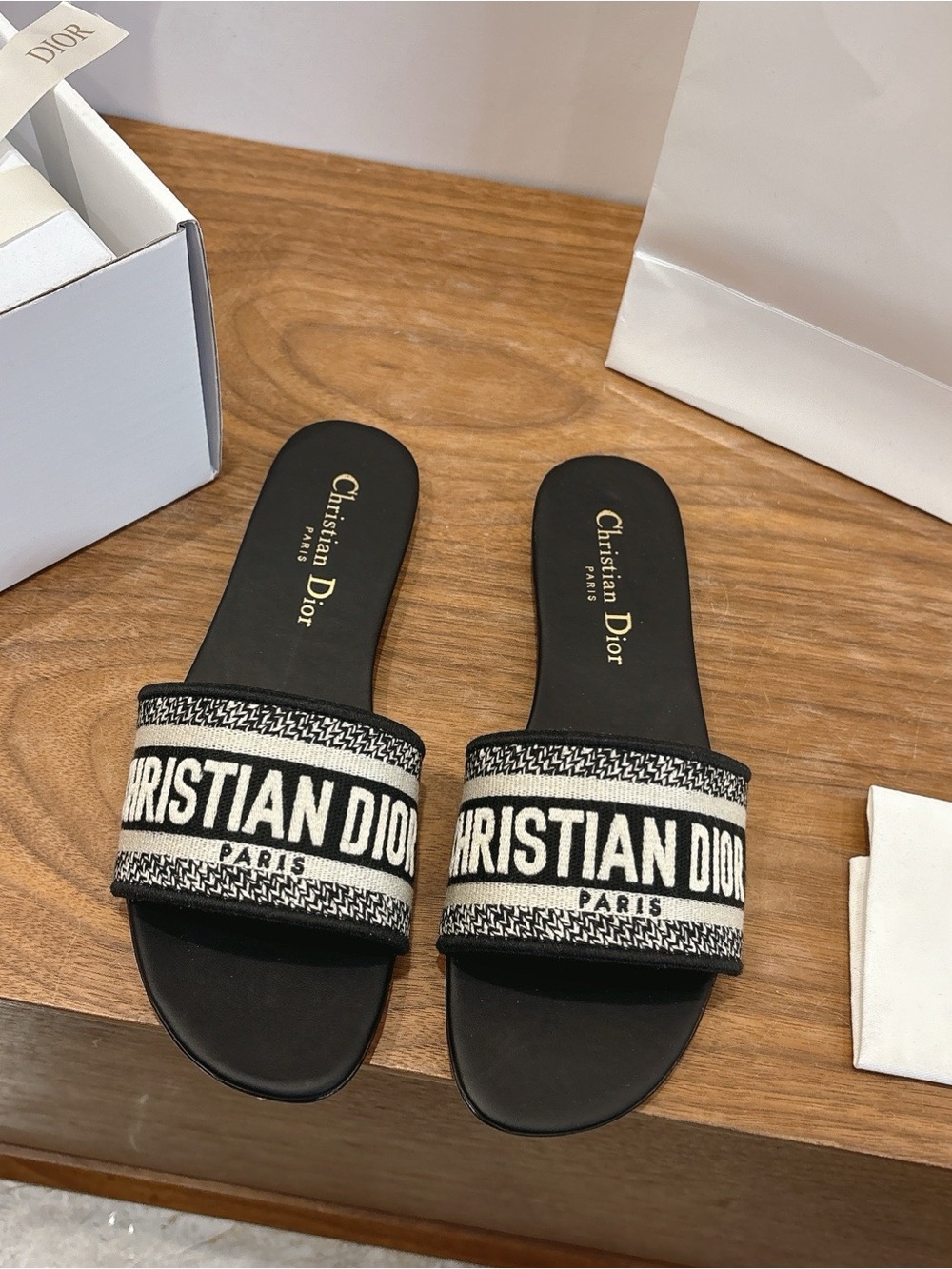 Dior Black and Cream Christian Dior Paris Slide Sandals